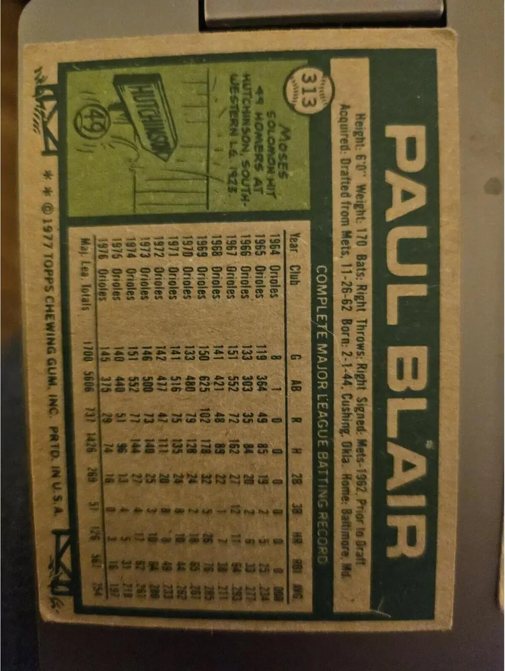 1977 Topps Paul Blair #313 - Baltimore Orioles as is - Picture 2 of 2